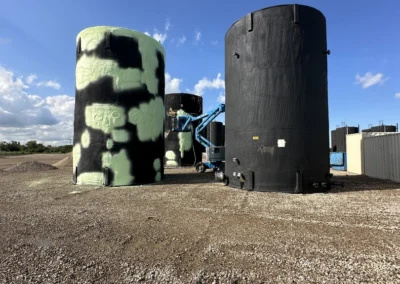 Three large cylindrical tanks, two black and one green with black splotches, sit on a gravel surface under a blue sky